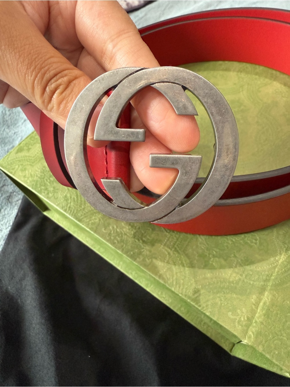 Gucci Red Leather Belt with Brushed Silver Double G Buckle 95